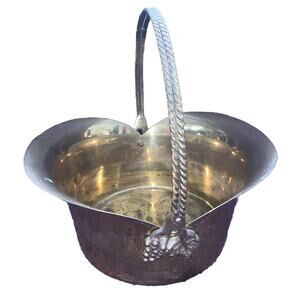 Large Vintage Scoop Side Solid BRASS Basket With Handle & Untouched Patina